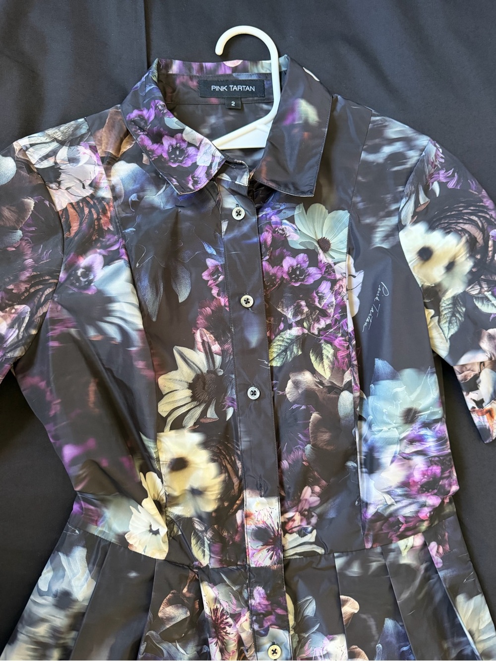 Pink Tartan Classic Retro Watercolor Purple Floral ALine Shirt Dress Pockets